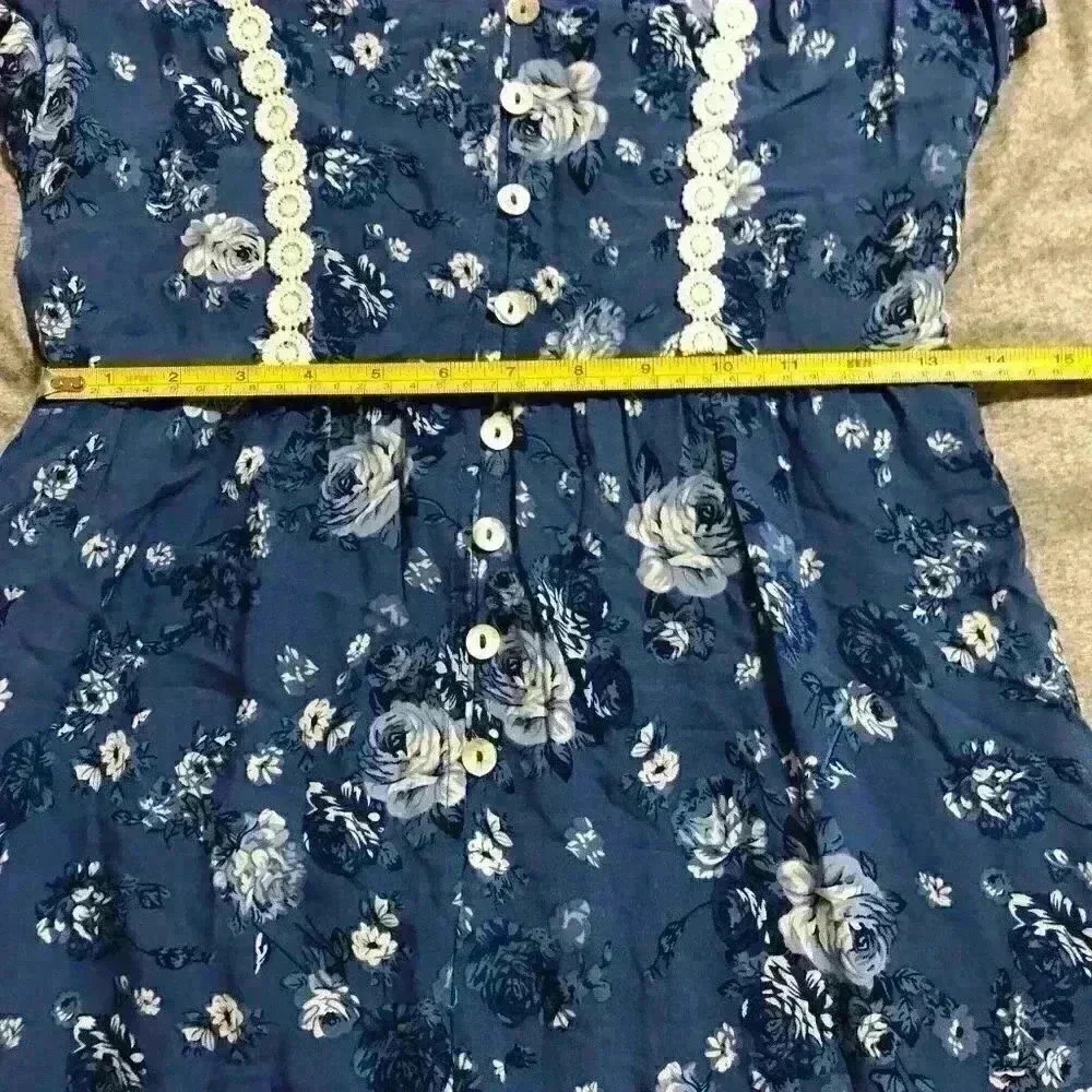 C+D+M Collection Blue Floral Maxi Dress Boho Lace Trim Button Front Womens M - Picture 5 of 8